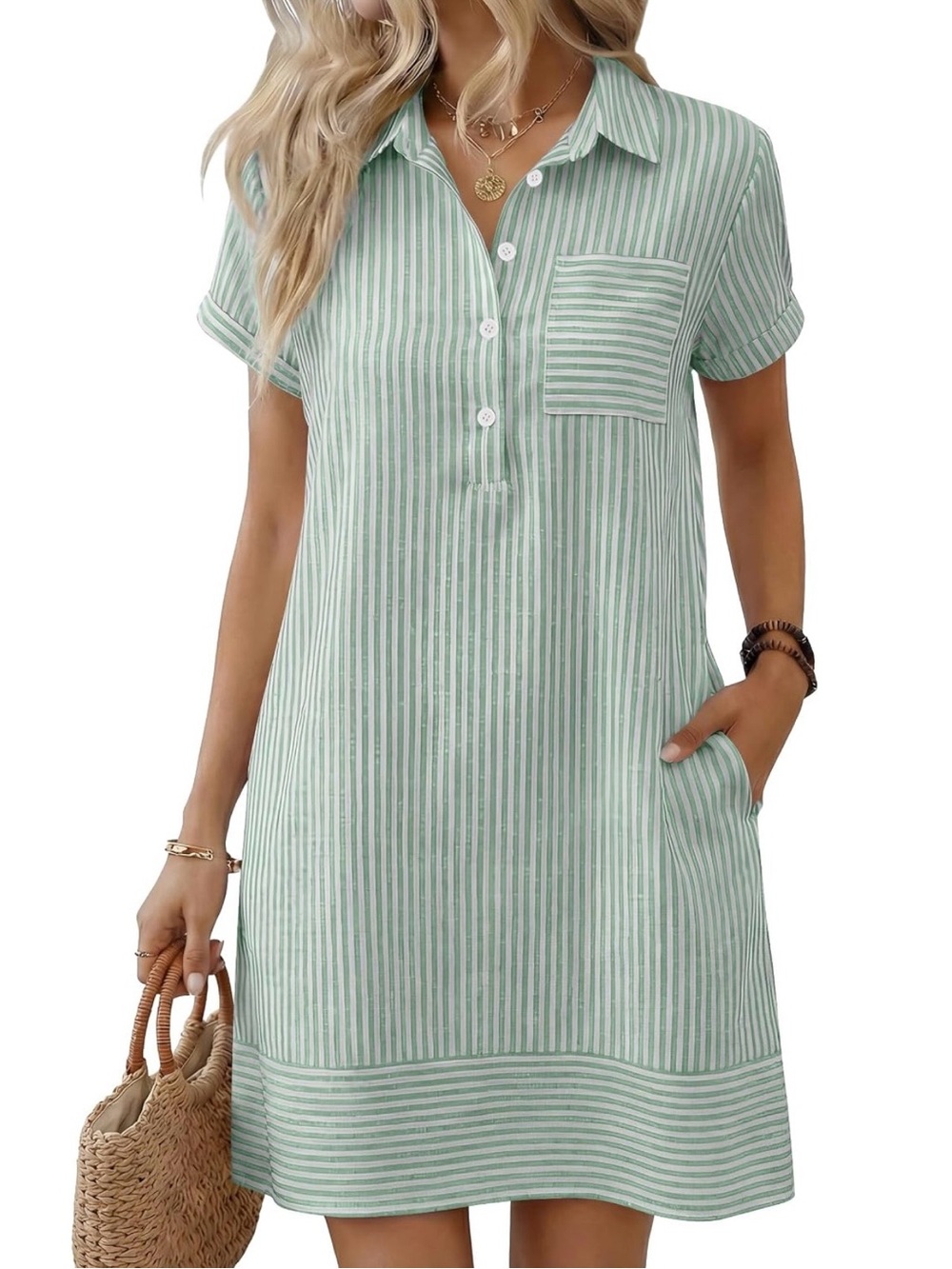 Women's Mint Green Striped Midi Shirt Dress with Pocket